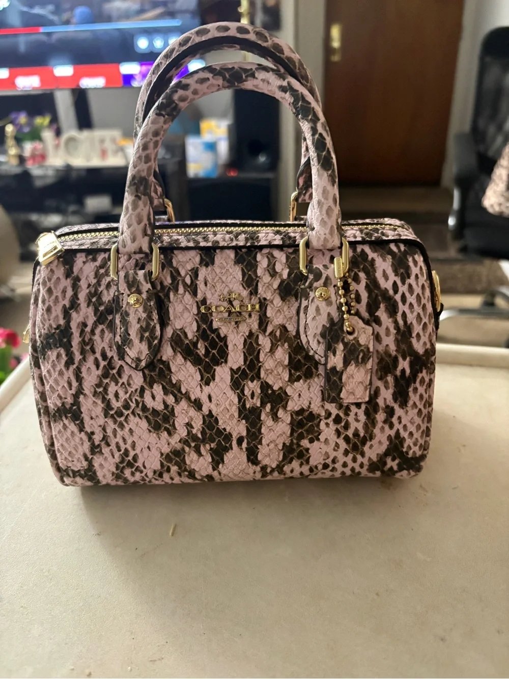 Coach mini Rowan pink Snake-Print Satchel with Detachable Strap